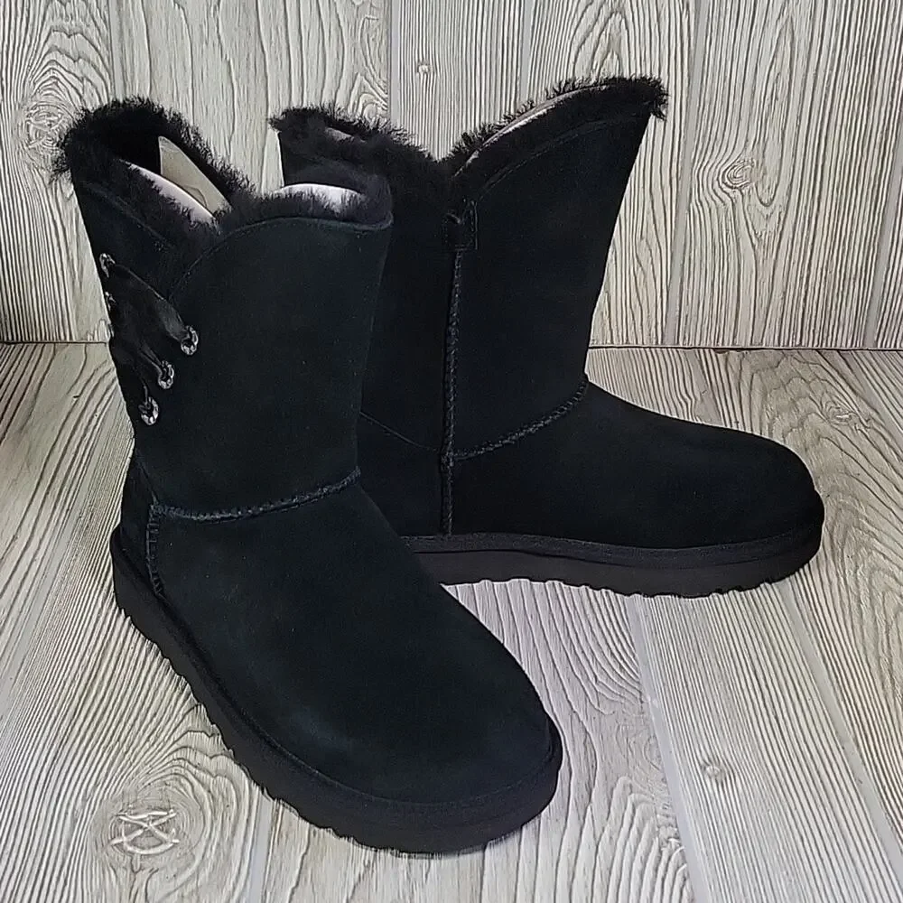 UGG Constantine Satin Ribbon Black Leather Boots Womens Size 6 NEW